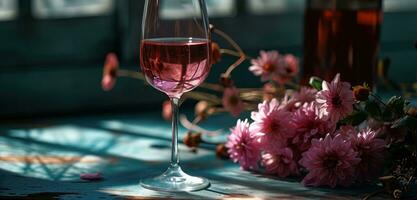 AI generated glass of pink wine is displayed next to a set of flowers photo