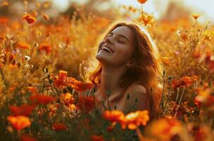 ai generado niña riendo en un campo de flores foto