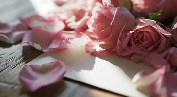 ai generado rosado Rosa pétalos con un blanco pedazo de papel, saludo tarjeta y un rosado tarjeta con rosado rosas foto