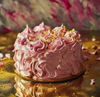 AI generated pink frosted cake sitting on gold background photo