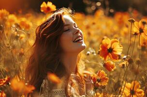 ai generado niña riendo en un campo de flores foto