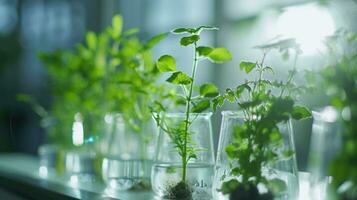 ai generado planta creciente en material de laboratorio en vaso foto