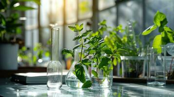 AI generated plant growing in labware on glass photo