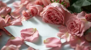 ai generado rosado Rosa pétalos, vacío blanco papel, y ramos de flores valores imágenes foto