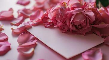 ai generado rosado Rosa pétalos con un blanco pedazo de papel, saludo tarjeta y un rosado tarjeta con rosado rosas foto