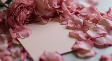 ai generado rosado Rosa pétalos con un blanco pedazo de papel, saludo tarjeta y un rosado tarjeta con rosado rosas foto