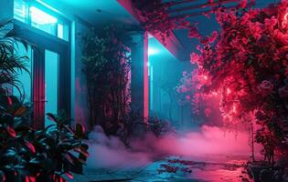 AI generated neon light and flowers with doors and plants photo