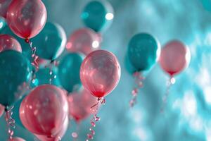 AI generated pink, blue and silver helium balloons falling behind a blue background photo