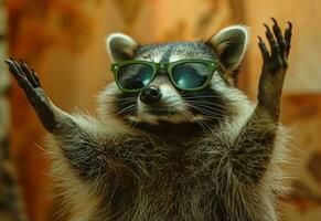 AI generated raccoon wearing green sunglasses raising his arms photo