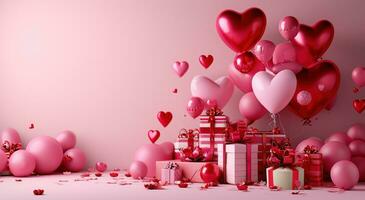 AI generated pink background with valentine's day bight heart, gifts, and balloons photo