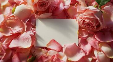 ai generado rosado Rosa pétalos con un blanco pedazo de papel, saludo tarjeta y un rosado tarjeta con rosado rosas foto