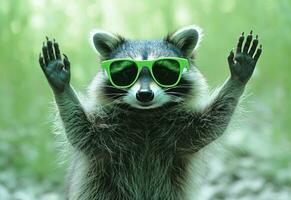 AI generated raccoon wearing green sunglasses raising his arms photo