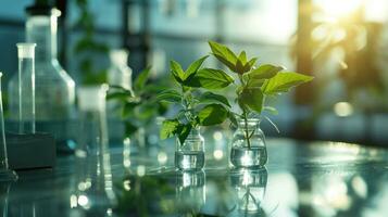 ai generado planta creciente en material de laboratorio en vaso foto