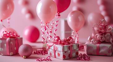 AI generated pink background with balloons and gifts on it photo