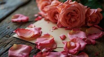 ai generado rosado Rosa pétalos con un blanco pedazo de papel, saludo tarjeta y un rosado tarjeta con rosado rosas foto