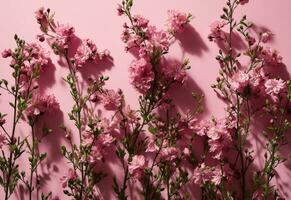 ai generado rosado flores son tendido a través de un rosado antecedentes foto