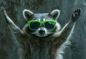 AI generated raccoon wearing green sunglasses raising his arms photo