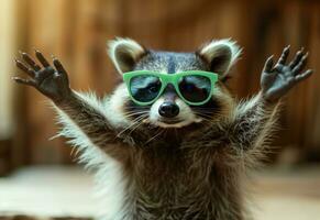 AI generated raccoon wearing green sunglasses raising his arms photo