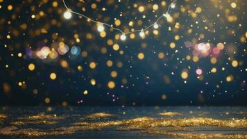 AI generated 4K animation of Abstract particle background with golden sparkling and glowing gold stars. Christmas glow on bokeh background. Gold foil texture background. video