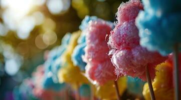 AI generated many colorful cotton candy on a stick in front of a bright background photo