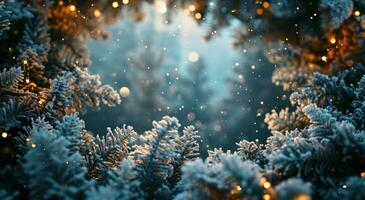 AI generated icy snowflake frame around a christmas tree frame photo