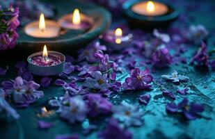ai generado un montón de púrpura floreciente flores en oscuro azul fondo, y velas con petróleo en ellos foto