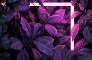 AI generated neon frame on dark background on the purple background with green leaves photo