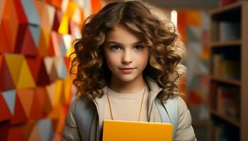 AI generated A cute, cheerful girl with blond hair, smiling indoors, holding a book, looking at the camera, surrounded by bookshelves, learning with a digital tablet in a small office generated by AI photo