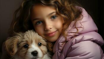 ai generado linda pequeño perro y niño sonriente, abrazando en puro felicidad generado por ai foto