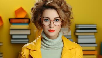 ai generado joven mujer estudiando, sonriente, rodeado por libros en un biblioteca generado por ai foto