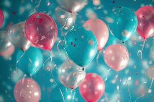 AI generated pink, blue and silver helium balloons falling behind a blue background photo