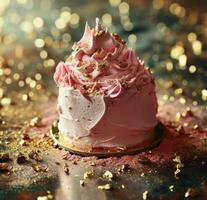 AI generated pink frosted cake sitting on gold background photo