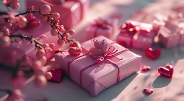 AI generated pink wrapping paper and boxes with hearts on it photo