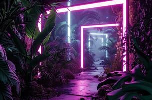 AI generated neon lights in the jungle frame photo