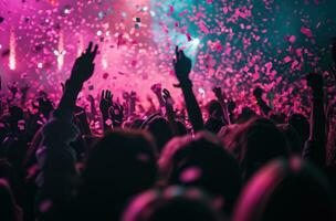 ai generado personas a un concierto con papel picado alrededor ellos foto