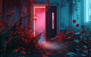 AI generated neon light and flowers with doors and plants photo