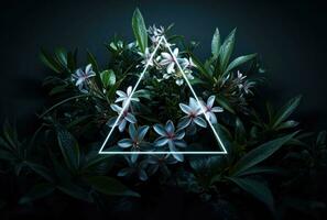 AI generated neon triangle with tropical plants, photo