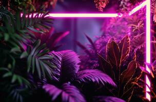 AI generated neon frame on dark background on the purple background with green leaves photo
