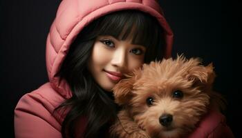 AI generated Smiling girl embraces playful puppy, radiating love and happiness generated by AI photo