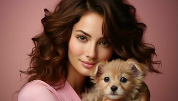AI generated Young woman with long brown hair smiling, holding cute puppy generated by AI photo