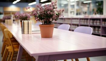 ai generado moderno diseño con de madera silla, planta, y púrpura flor decoración generado por ai foto