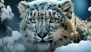 ai generado majestuoso Tigre curioso, nieve cubierto bosque, belleza en naturaleza generado por ai foto