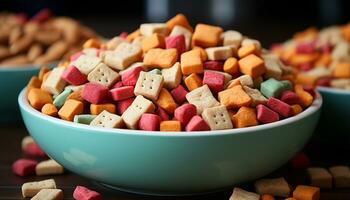 AI generated A colorful bowl of homemade candy brings childhood indulgence generated by AI photo