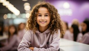 ai generado sonriente niño sentado en aula, aprendizaje con felicidad y confianza generado por ai foto