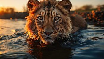 AI generated Majestic lion staring, reflecting beauty in nature at sunset generated by AI photo