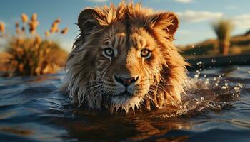 AI generated Majestic lion staring, reflecting beauty in nature tranquil sunset generated by AI photo