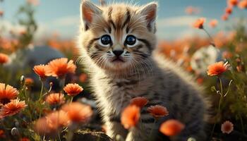 AI generated Cute kitten sitting in grass, enjoying nature beauty generated by AI photo