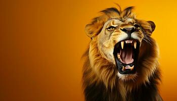 AI generated Majestic lion roaring, showing teeth, fierce and powerful generated by AI photo