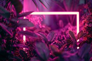 AI generated the glowing neon frame is surrounded by pink leaves and tropical flowers photo