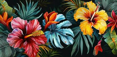 AI generated tropical flowers painted on black background photo